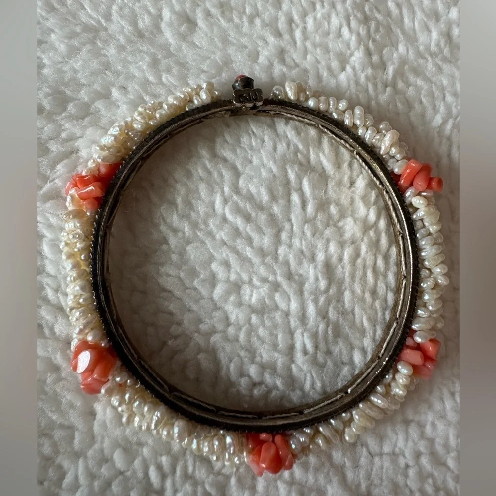 Antique Angel Skin Coral Freshwater Pearl Signed Estate Bracelet